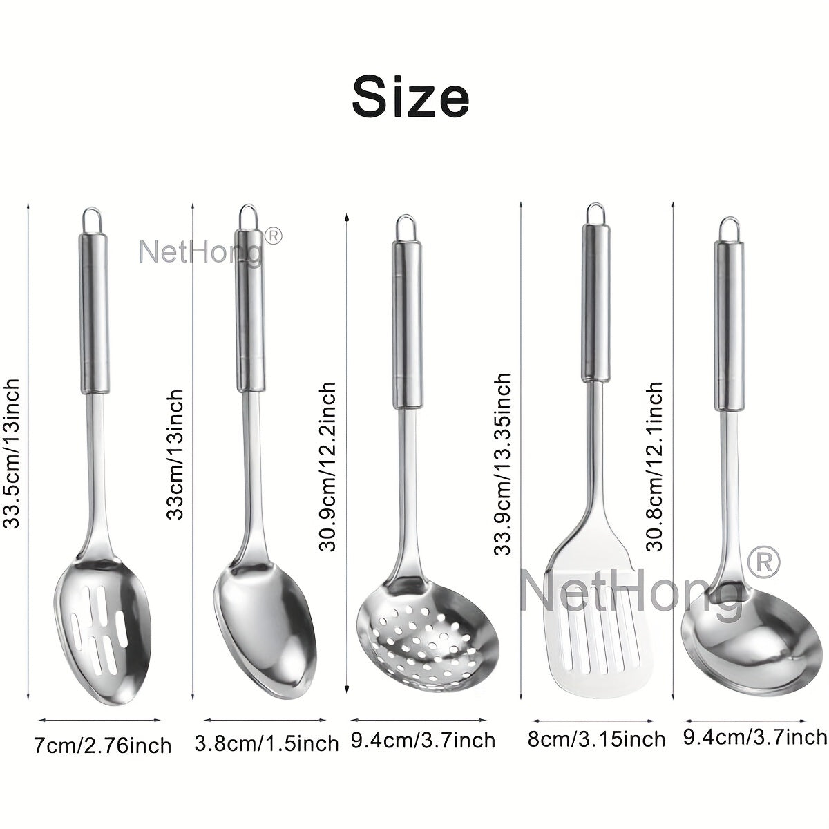 5-Piece Stainless Steel Kitchen Utensil Set – Turner, Masher, Spoon, Skimmer, Ladle