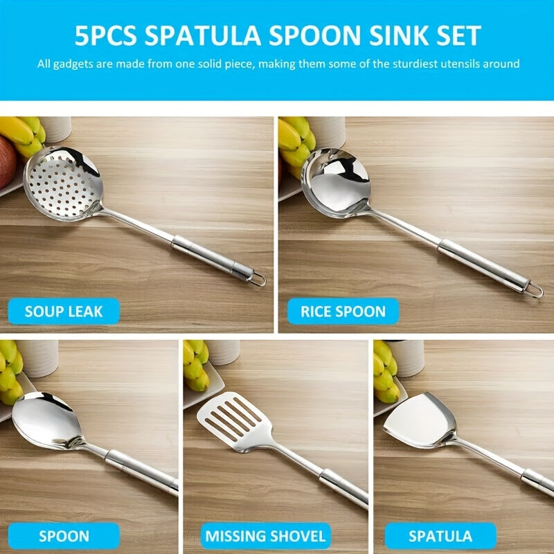 5-Piece Stainless Steel Kitchen Utensil Set – Turner, Masher, Spoon, Skimmer, Ladle
