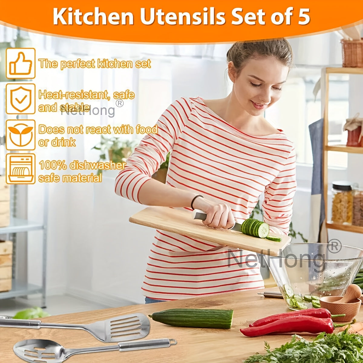 5-Piece Stainless Steel Kitchen Utensil Set – Turner, Masher, Spoon, Skimmer, Ladle