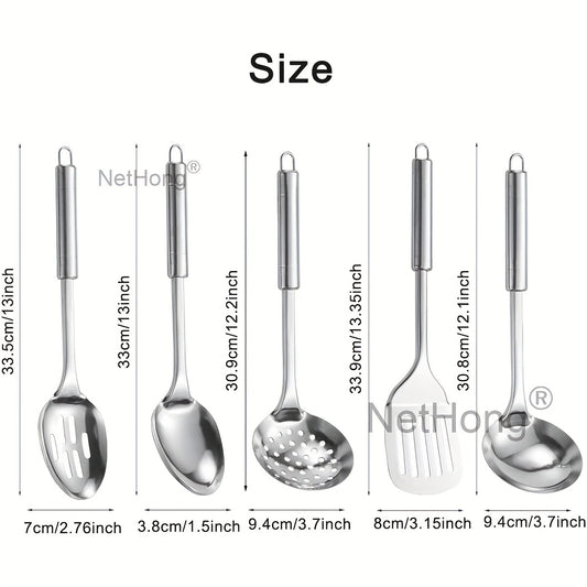 5-Piece Stainless Steel Kitchen Utensil Set – Turner, Masher, Spoon, Skimmer, Ladle