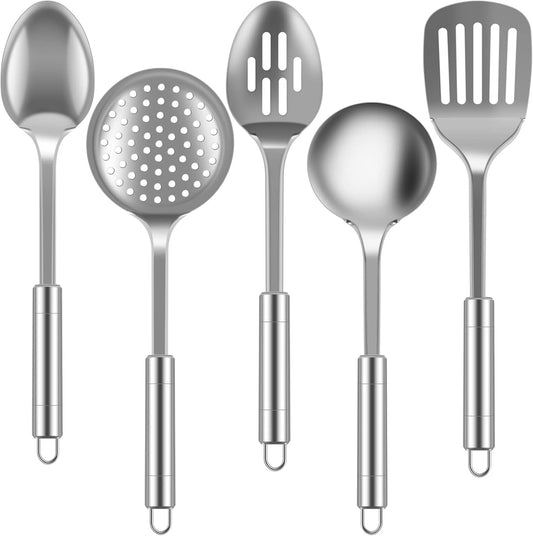 5-Piece Stainless Steel Kitchen Utensil Set – Turner, Masher, Spoon, Skimmer, Ladle